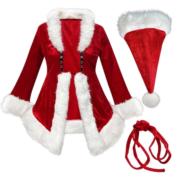 3 Pieces Mrs Claus Costume for Women,Christmas Deluxe Mrs Claus Santa Faux Fur Trim Dress Costume with Hat