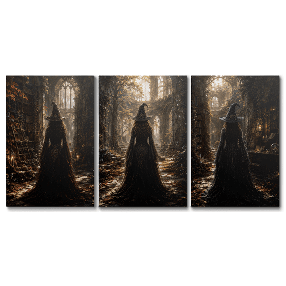3 Pieces Mysterious Halloween Witch Canvas Wall Art Moon Ruin Prints, Dark Whimsical Artwork Paintings for Living Room Bedroom Home Wall Decor