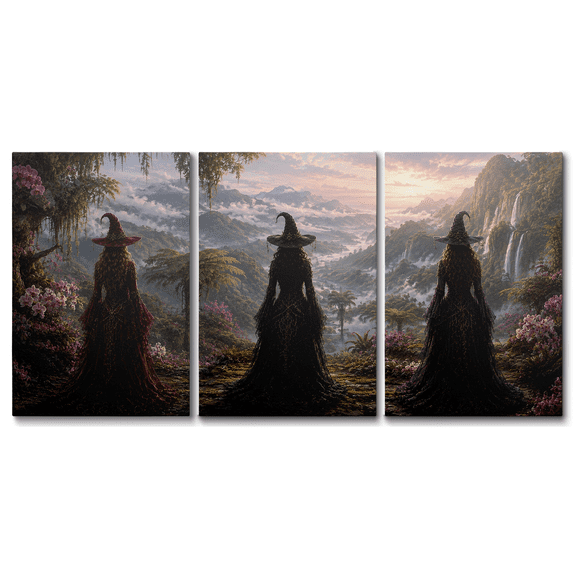 3 Pieces Mysterious Halloween Witch Canvas Wall Art Moon Ruin Prints, Dark Whimsical Artwork Paintings for Living Room Bedroom Home Wall Decor