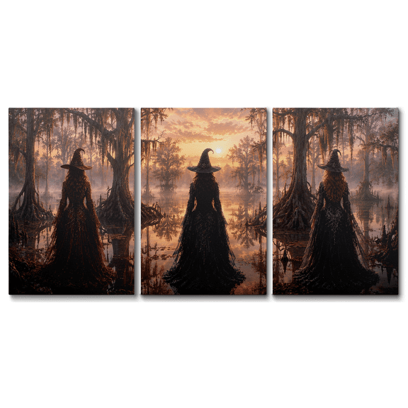 3 Pieces Mysterious Halloween Witch Canvas Wall Art Moon Ruin Prints, Dark Whimsical Artwork Paintings for Living Room Bedroom Home Wall Decor