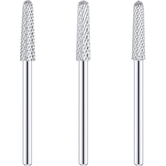 3 Pieces Nail Drill Bits Cone Shape Carbide Nail Drill Bits for Manicure Pedicure Tools Machine, 3/32 Inch Shank Size, Grit Size XF, F, M (Silver)