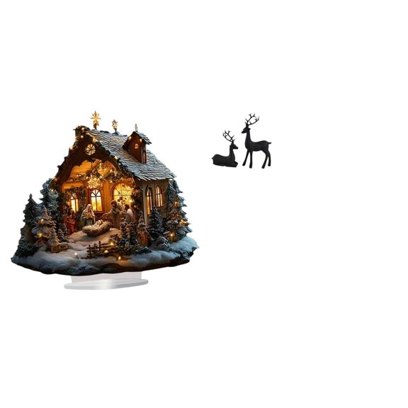 3 Pieces Nativity Scene Sculpture Acrylic Ornament Resin Deer Figurine with Stable Base for Party Home Decor