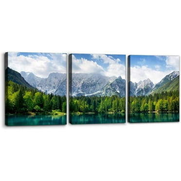 3 Pieces Nature Scenery Wall Art Decor Beautiful Landscape with Turquoise Lake Forest and Mountains Pictures Painting Print on Canvas Modern Artwork Stretched Framed Ready to Hang - 12"x16"x3 Panel