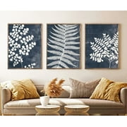 3 Pieces Navy Blue Fern Wall Art Prints Minimal Leaves Botanical Poster Painting Canvas Artwork For Navy Farmhouse Bedroom Home Decor With Inner Frame