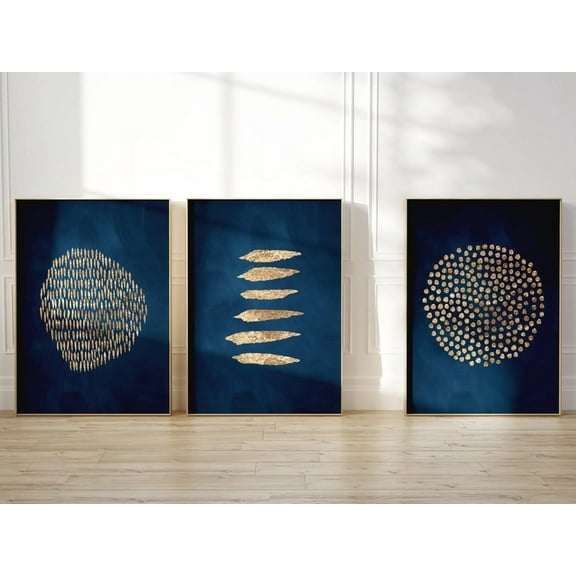 3 Pieces Navy Blue and Gold Abstract Canvas Posters Painting Prints Wall Art for Living Room Office Decor Framework With Wooden Inner Frame