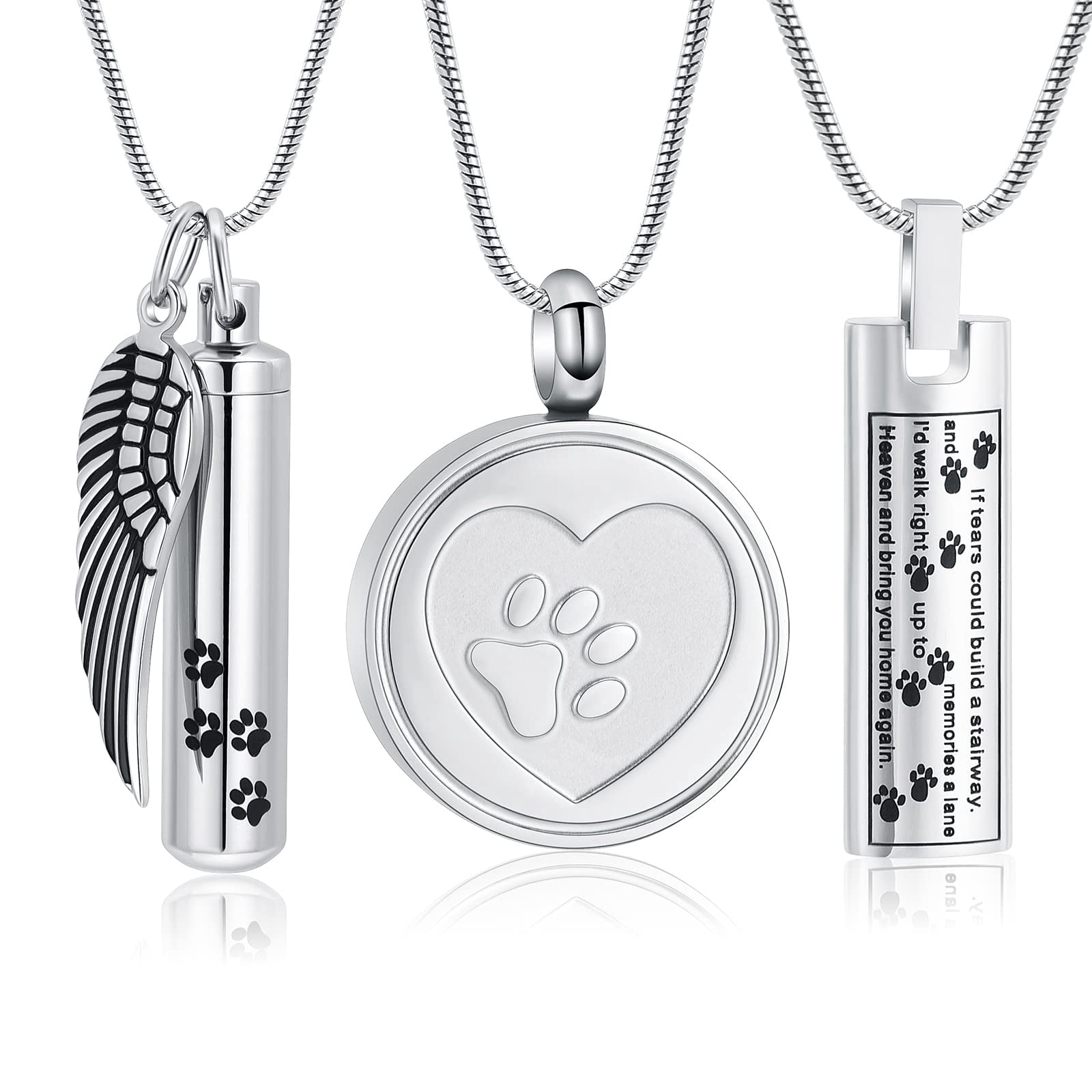 3 Pieces Necklace Pack Paw Print Cylinder with Angel Wing Memorial ...