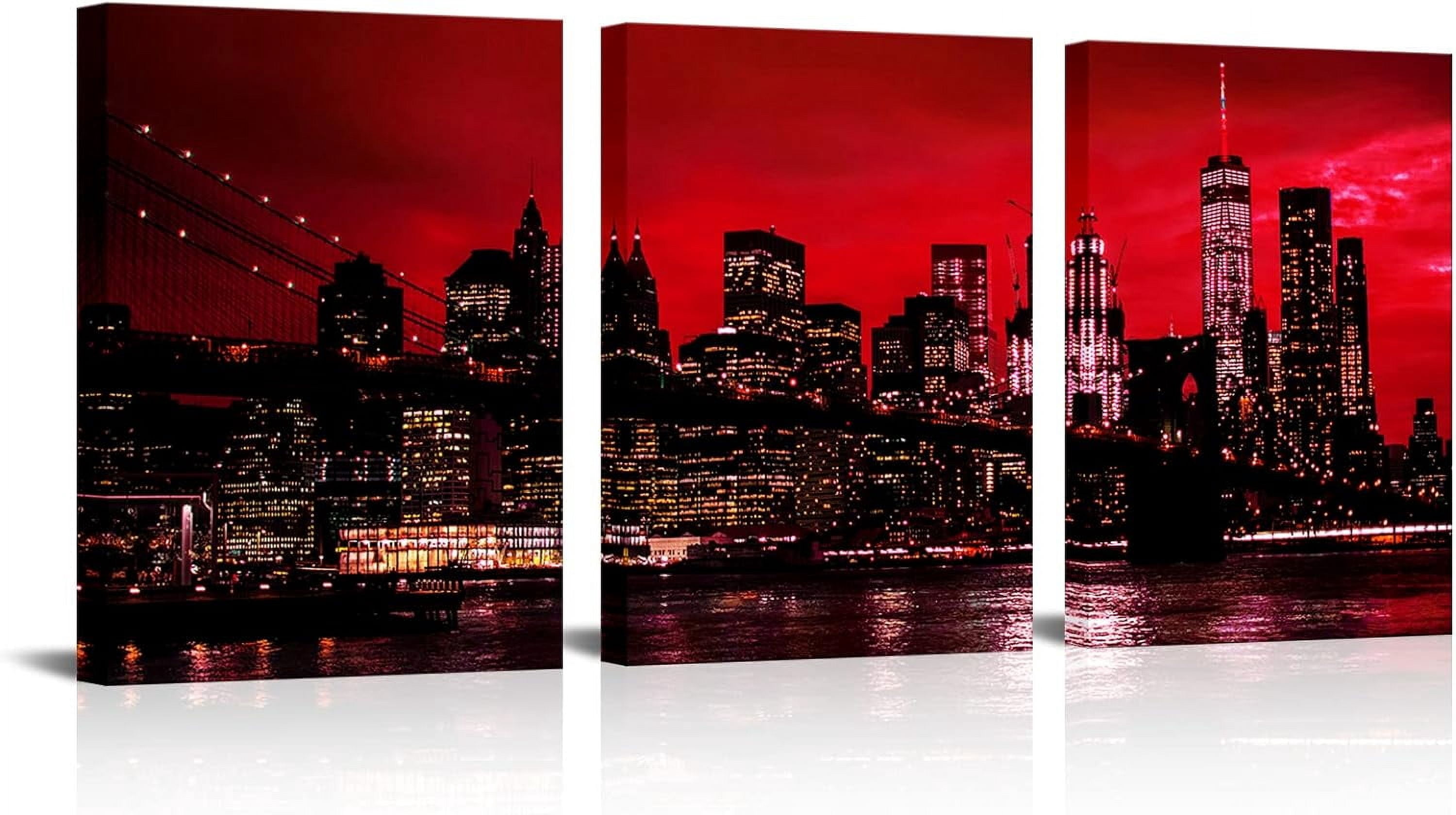 3 Pieces New York City Wall Art Canvas Black and White Red Brooklyn ...