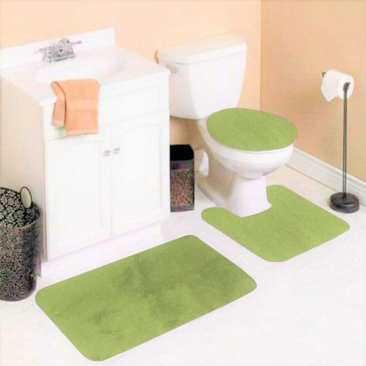 3 Pieces Non Slip Fluffy Shaggy Chenille Lime 6 Color U Shape Toilet Bath Mats for Bathroom