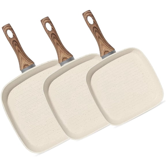 3 Pieces Nonstick Grill Pan Set, Square Grill Pans with Stay-Cool Handles, Compatible with All Stovetops for Steak BBQ Vegetables, (9.5" 10" 11"), Beige