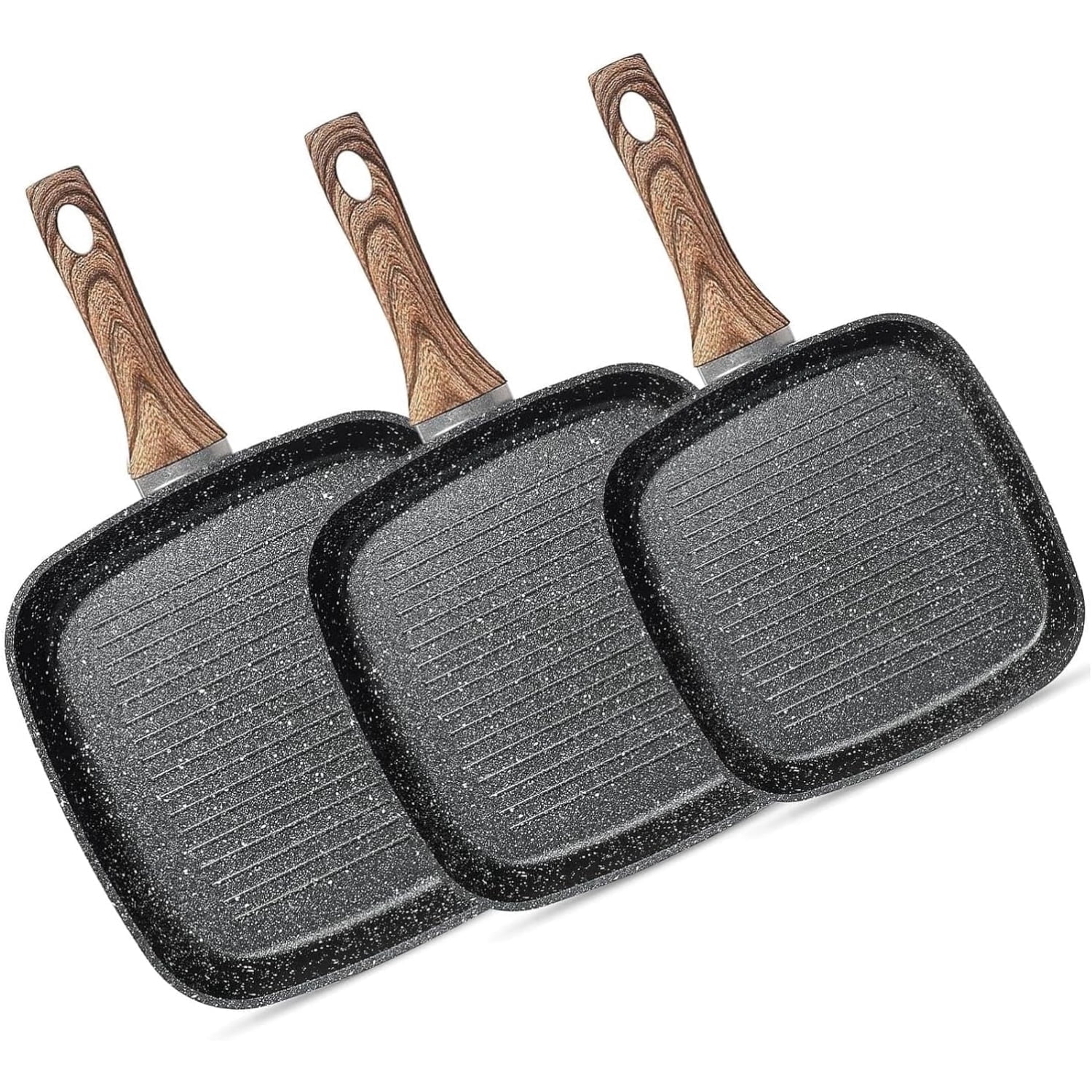 Parcus 3 Pieces Nonstick Grill Pan Set, Square Grill Pans with Stay-Cool Handles, Compatible with All Stovetops for Steak BBQ Vegetables, (9.5" 10" 11"), Black