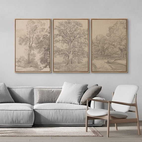 3 Pieces Oak Tree Sketch Forest Posters Prints Canvas Painting Vintage Pictures Framed Artwork for Organic Farmhouse Country Bedroom Decor with Wooden Inner Frame