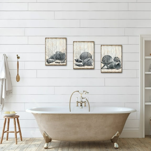 3 Pieces Ocean Theme Canvas Wall Art Beach Coastal Shell Starfish Coral Navy Blue and White Nautical Picture for Bathroom Home Decoe Ready to Hang 12x16inchx3pcs