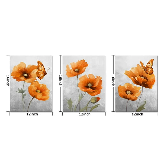 3 Pieces Orange Flower Canvas Wall Art Flower Poppy Blossom Picture Wall Decor Floral Painting Framed Poster for Bathroom Easy to Hang Each Panel 12x16 Inch (Orange)