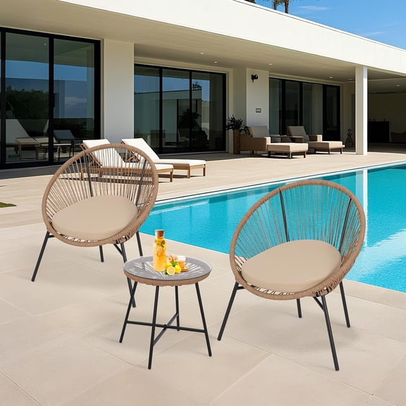3 Pieces Outdoor Acapulco Chair Patio Bistro Set, All-Weather Acapulco Chairs with Glass Top Table, Modern Patio Conversation Chairs Set of 2 for Balcony, Pool, Garden, Backyard