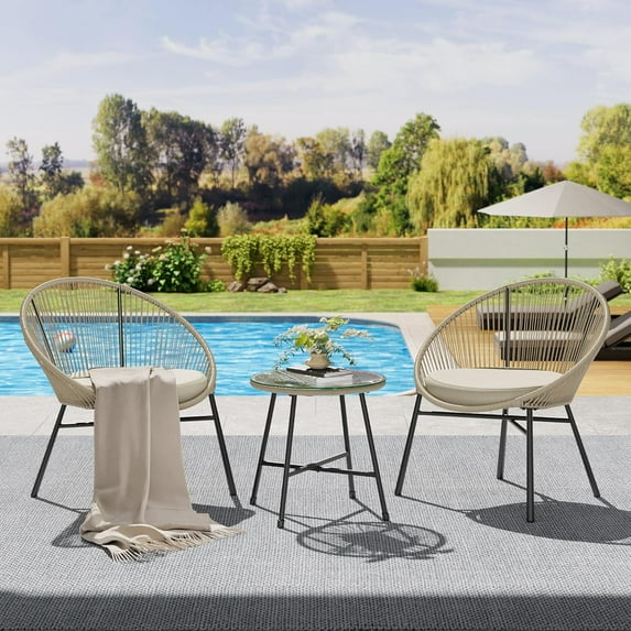 3 Pieces Outdoor Acapulco Chair Patio Bistro Set, All-Weather Acapulco Chairs with Glass Top Table, Modern Patio Conversation Chairs Set of 2 for Balcony, Pool, Garden, Backyard