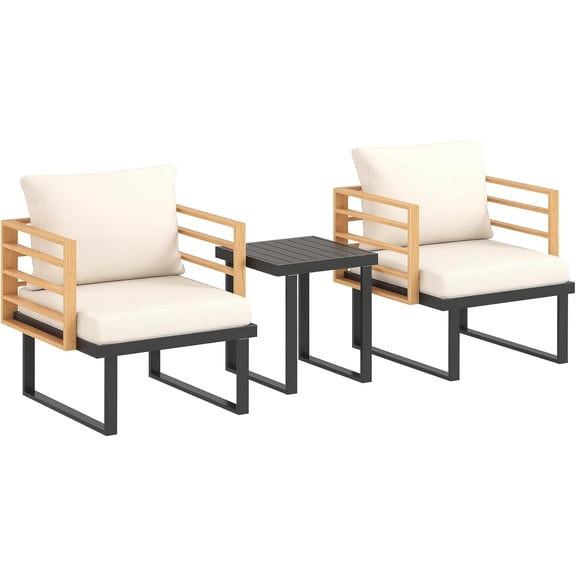 3 Pieces Outdoor Bistro Set, Small Patio Set with Cushions, Armchairs and Slatted Metal Top Table, Metal Patio Furniture Set for Backyard, Balcony, Garden, Beige