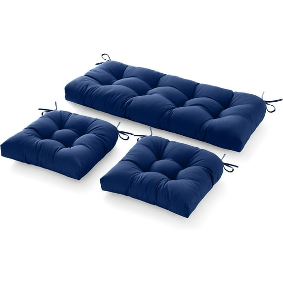 3 Pieces Outdoor Chair Cushions Clearance with Ties,44x19x5 Inches,1 Love seat &2 U-Shape Tufted Patio Cushions for Wicker Outdoor Furniture,All Weather,Blue