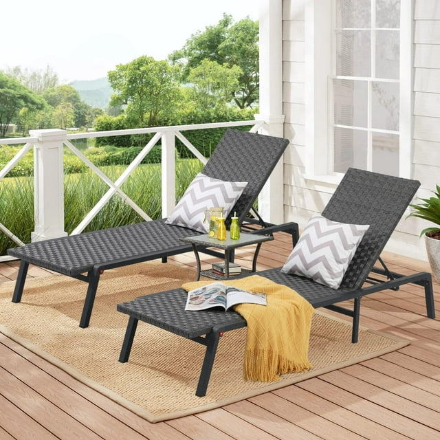 3 Pieces Outdoor Chaise Lounge Chair Set with Square Side Table, Adjustable 5-Position Folding Pool Lounge Chair, Patio Lounge Chair Set of 2 with Aluminum Frame, Grey