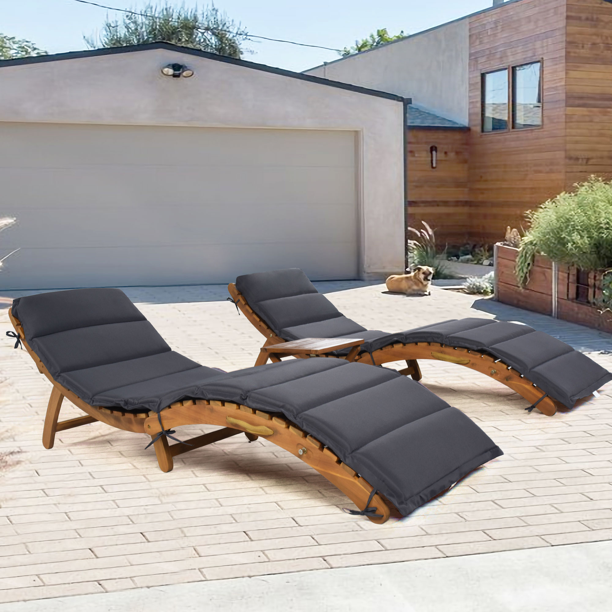3 Pieces Outdoor Chaise Lounge Set, Wood Patio Furniture Set Extended, 2 Foldable Chaise Lounge Chair with 1 Table, Sun Lounger for Poolside Beach Patio, Brown Lounger + Gray Cushion - image 1 of 9