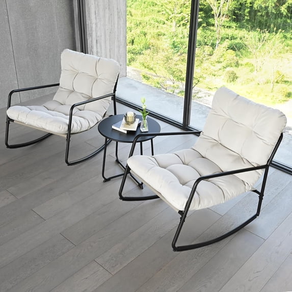 3 Pieces Outdoor Conversation Set, Metal Patio Bistro Set with 2 Outdoor Rocking Chairs and Side Table, Patio Furniture Set with Cushions for Apartment, Porch, Balcony, Poolside, Off-White