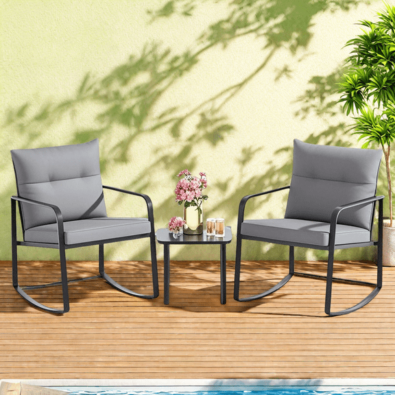 3 Pieces Outdoor Furniture Set,Outdoor Rocking Patio Furniture Set with Glass Coffee Table for Garden,Gray