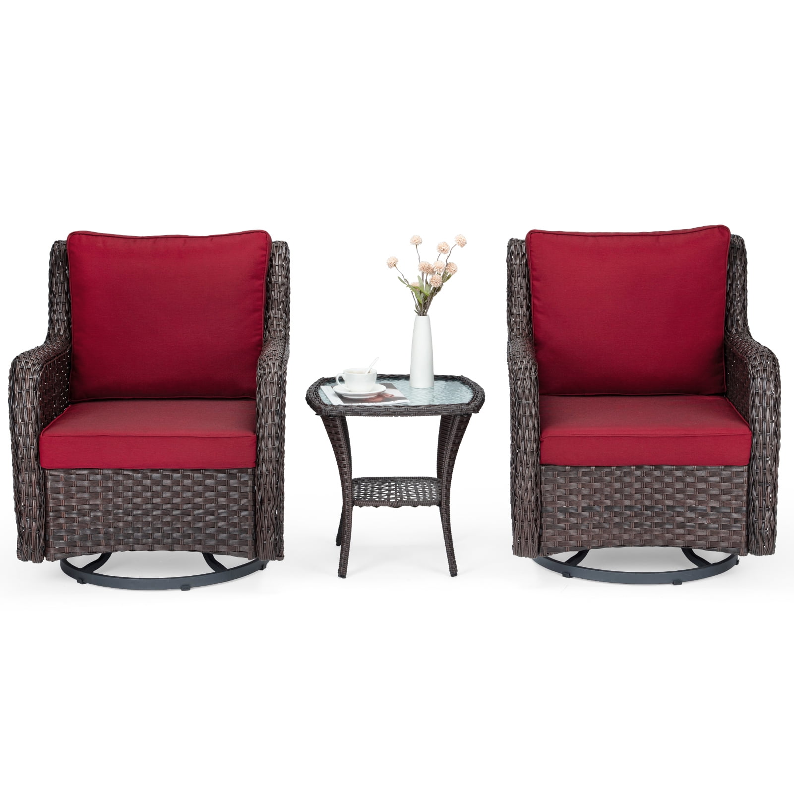 3 Pieces Outdoor Patio Bistro Set, 360 Degree Rattan Wicker Rocking