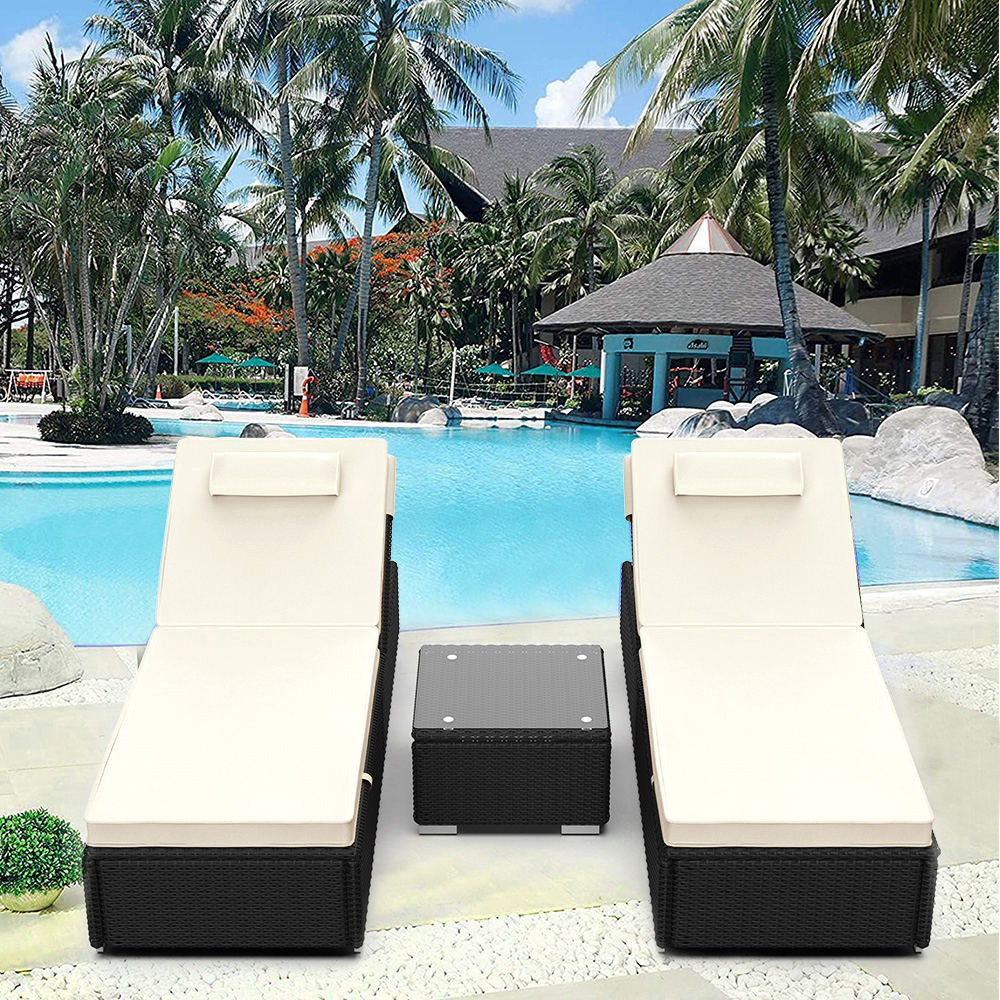 3 Pieces Outdoor Patio Chaise Lounges Set, Rattan Wicker Chaise Lounge Chairs with Cushion and Coffee Table, Adjustable Back Sun Lounger for Backyard, Pool, Balcony, Patio Reclining Chaise - image 1 of 8