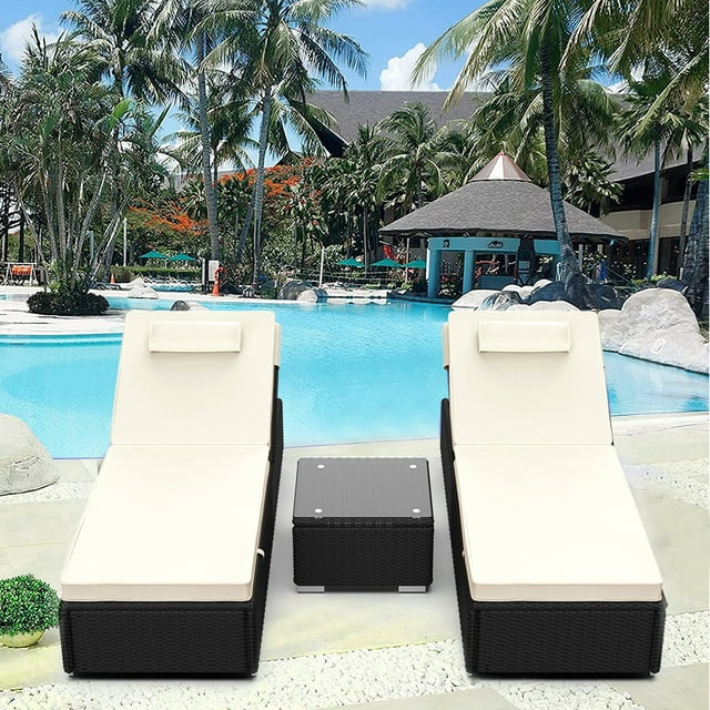 3 Pieces Outdoor Patio Chaise Lounges Set, Rattan Wicker Chaise Lounge Chairs with Cushion and Coffee Table, Adjustable Back Sun Lounger for Backyard, Pool, Balcony, Patio Reclining Chaise