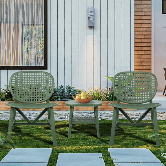 3 Pieces Outdoor Patio Conversation Set, All Weather Plastic Table Chair Set Coffee Table Set with Open Shelf and 2 Chairs for Balcony Garden Yard Green