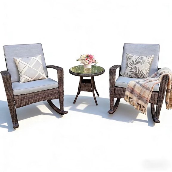 Rtbackyards 3-Piece Outdoor Patio Furniture Set, Half-Moon Rattan Swing Chair with Coffee Table, Gray