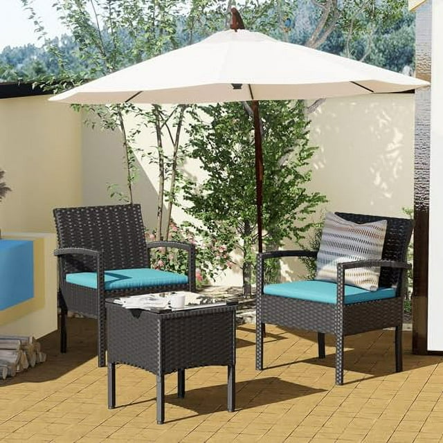 3 Pieces Outdoor Patio Furniture Set, Small Wicker Bistro Conversation