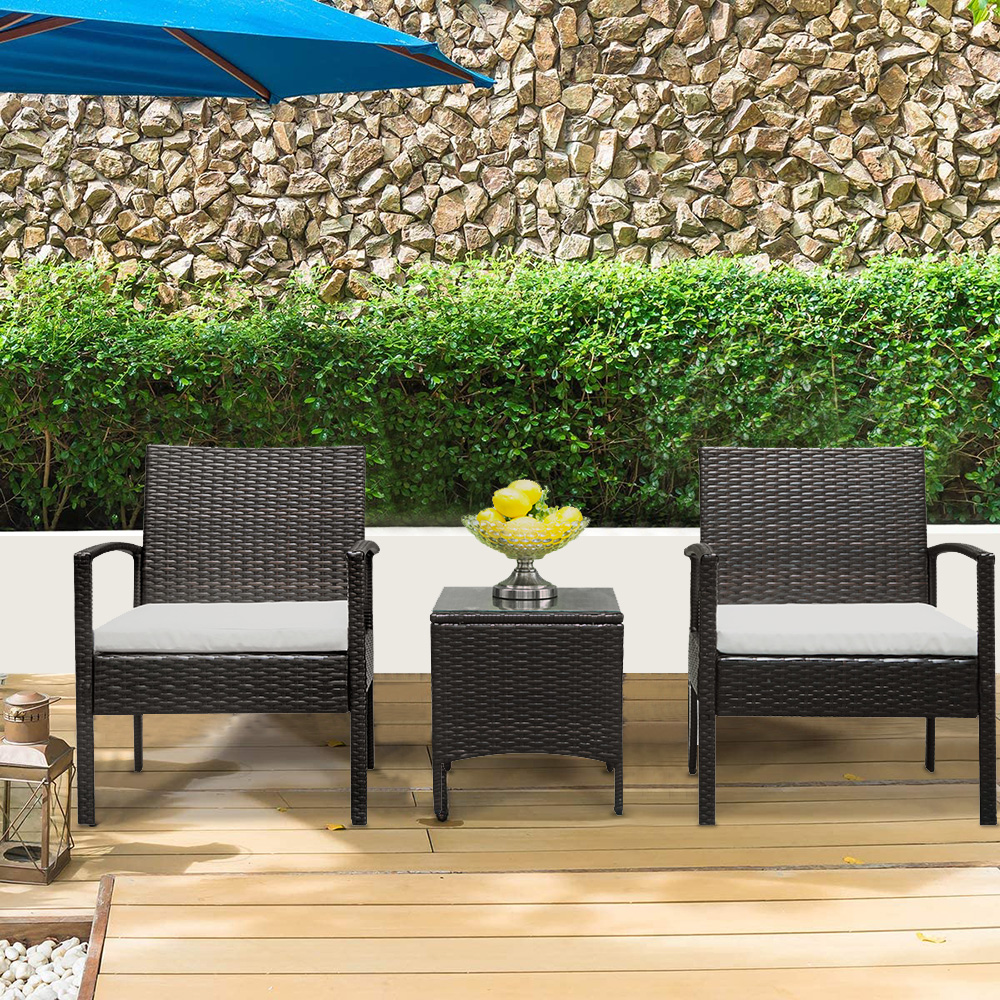 3 Pieces Outdoor Patio Furniture Sets for 2, Rattan Chair Wicker Set with Two Single Sofa, Removable Cushions, Tempered Glass Table, Q8914 - image 1 of 12