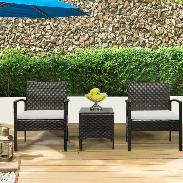 3 Pieces Outdoor Patio Furniture Sets for 2, Rattan Chair Wicker Set with Two Single Sofa, Removable Cushions, Tempered Glass Table, Q8914