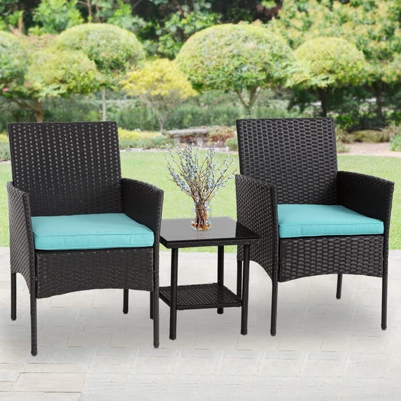 FDW 3 Pieces Outdoor Patio Furniture Wicker Table and Chairs Set Bar Set with Cushioned Tempered Glass,Blue