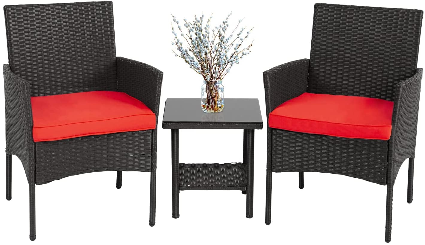 3 Pieces Outdoor Patio Furniture Wicker Table and Chairs Set Bar Set with Cushioned Tempered Glass, Red