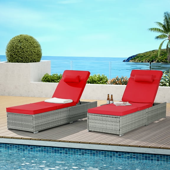 2 Pieces Outdoor Patio Lounge Furniture Set, Outdoor Poolside Reclining PE Rattan Chaise Lounge Set of 2, Tempered Glass Top Coffee Table, Brown PE Wicker and Blue Cushions