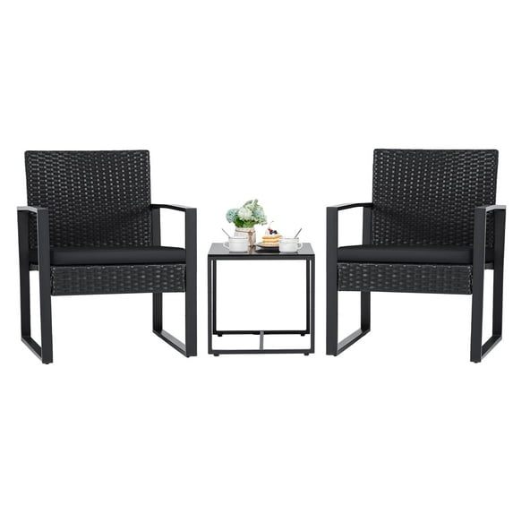 3 Pieces Outdoor Patio Wicker Furniture Set Modern Rattan Chair Conversation Sets With Coffee Table For Yard And Bistro (black)