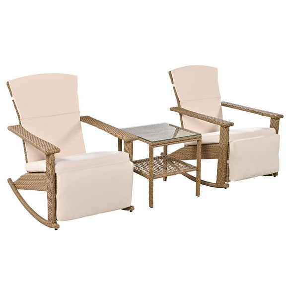 3 Pieces Outdoor Rocking Chair Set, ONE PIX Outdoor Patio Furniture Sets for 2 people, Adjustable Outdoor Wicker Double Rocking Chair with Coffee Table Suitable for Backyard, Garden, Poolside