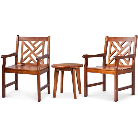 3 Pieces Outdoor Solid Wood Bistro Set, 2 Dining Chairs with Side Table Patio Porch Furniture Sets for Garden, Balcony, Backyard, Poolside