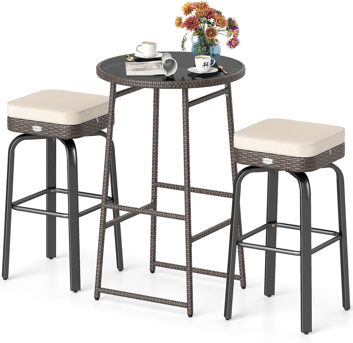 3 Pieces Outdoor Swivel Bar Set, PE Rattan Patio Bar Height Tempered ...