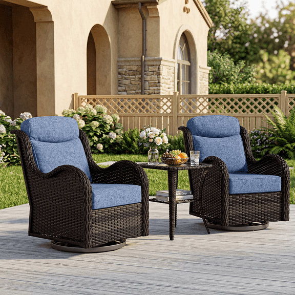 3 Pieces Outdoor Swivel Chairs Set of 2 with Rattan Side Table, Weather-Resistant Wicker High Back Swivel Rocker Chairs, Patio Conversation Set for Outside Porch Deck Garden，Beige/Blue