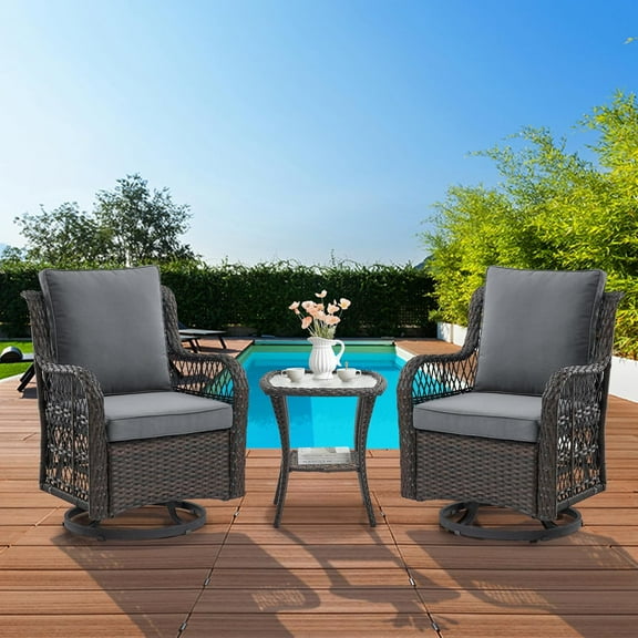 3 Pieces Outdoor Swivel Rocker Chair Set, Outdoor Swivel Glider Rocker, Outdoor Rocking Chair Set with Glass Top Table with Thick Cushions for Backyard, Balcony, Deck