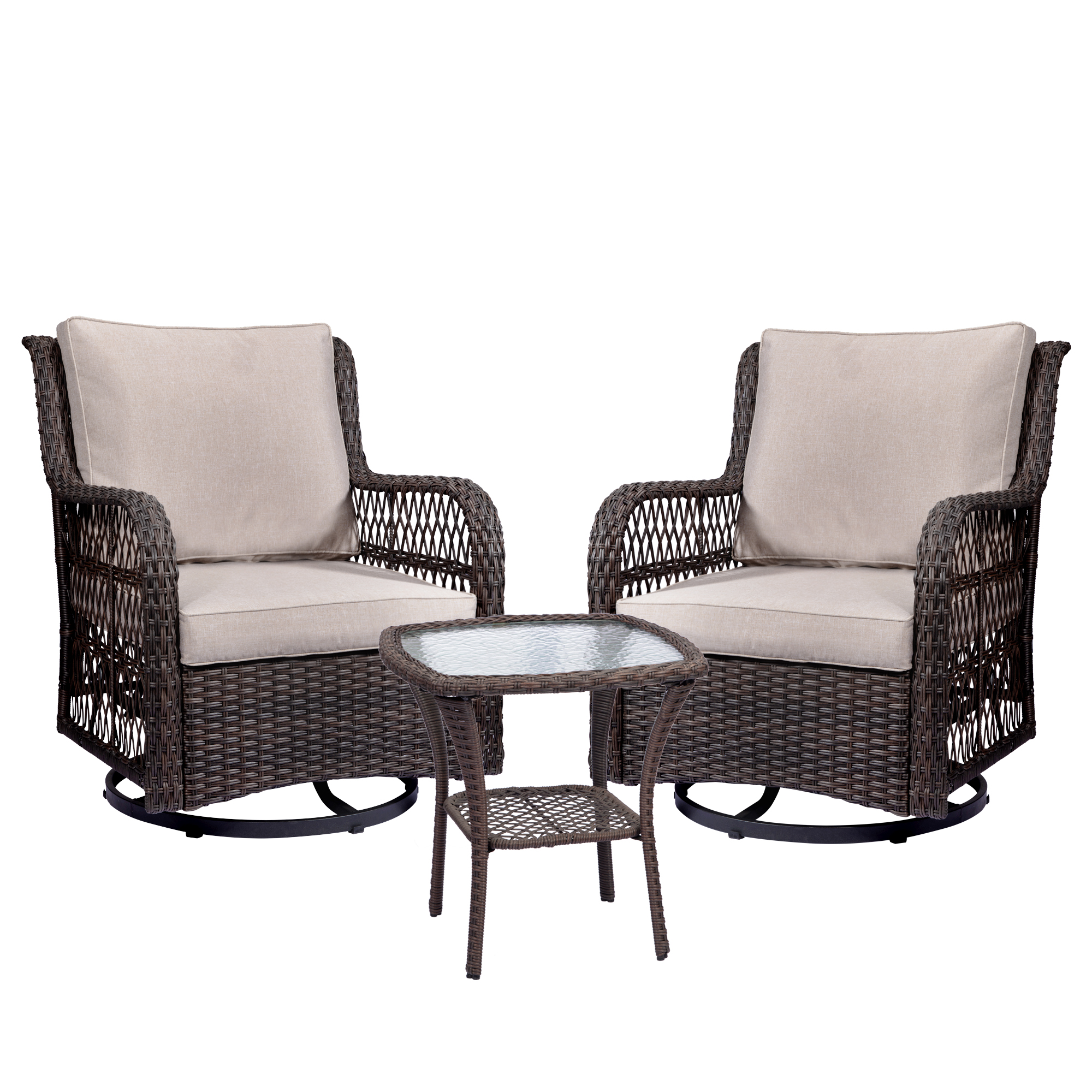 3 Pieces Outdoor Swivel Rocker Patio Chairs Set with Cushion,2PCS 360° Swivel Rocking Patio Chairs and 1PC Matching Side Table for Outside Backyard Garden Beige - image 1 of 7