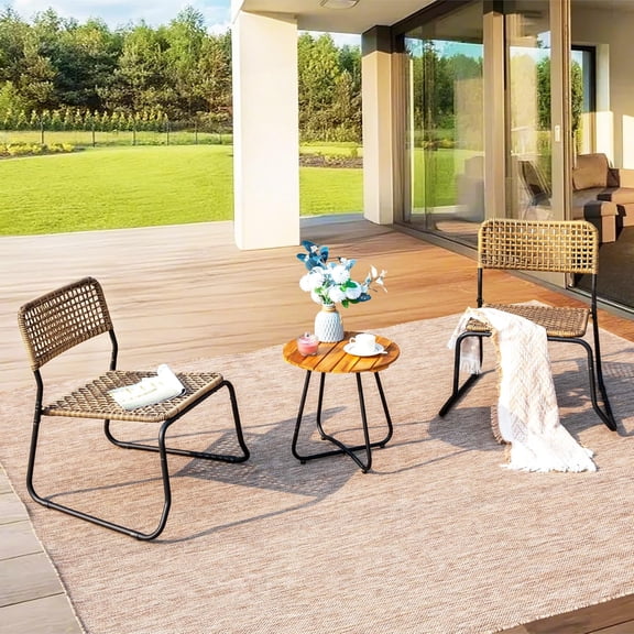 3 Pieces Outdoor Wicker Bistro Set for 2, Stackable Rattan Chairs & Acacia Wood Round End Table, Small Teak Conversation Furniture Set for Patio, Deck, Yard, Porch, Balcony
