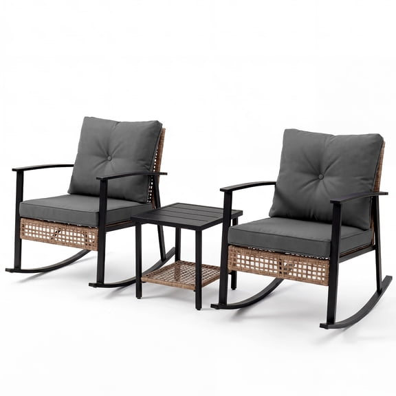 3 Pieces Outdoor Wicker Rocking Chair Set, Patio Rattan Rocker Chair with Cushions & Steel Frame, All-Weather Rocking Lawn Wicker Furniture for Garden Backyard Porch (Gray)