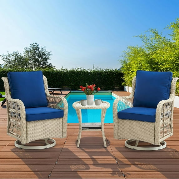 3 Pieces Outdoor Wicker Swivel Chair Set, Swivel Rocking Chairs Set of 2 with Rattan Side Table, 360-Degree Swivel Rocking Chair for Patio Porch Pool