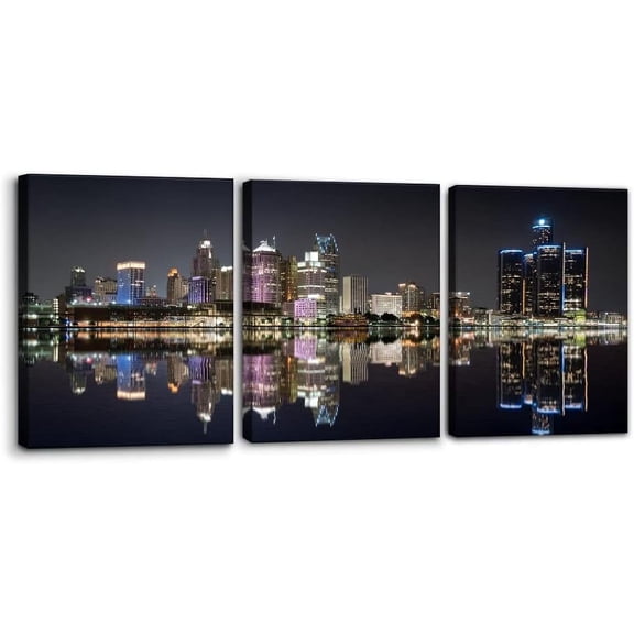 3 Pieces Panoramic Detroit Cityscape Picture Black and White Michigan Night Skyline Canvas Art Prints Wall Decoration for Bedroom Office Stretched and Framed Ready to Hang - 12" x 16" x 3