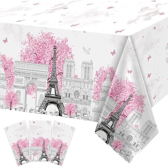 3 Pieces Paris Eiffel Tower Tablecloths Pink Paris Theme Eiffel Tower Plastic Disposable Rectangle Table Covers for Baby Shower Wedding Girl Birthday Party Favors Decorations Supplies