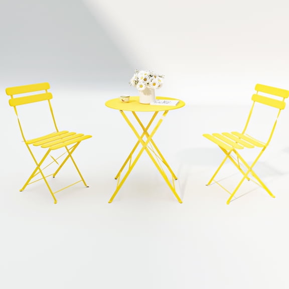 3 Pieces Patio Bistro Balcony Metal Chair Table - Yellow, Rust- Steel Frame, Stylish Design, Foldable For Space Efficiency, Easy To Install And Clean, Includes Fade Cushions Yellow , Table, With