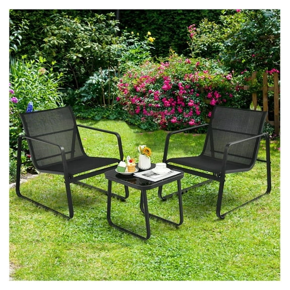 3 Pieces Patio Bistro Furniture Set with Glass Top Table, Outdoor Modern Conversation Set for Garden, Deck, Porch, Black Steel Frame, Ergonomic Chairs, 265lbs Capacity